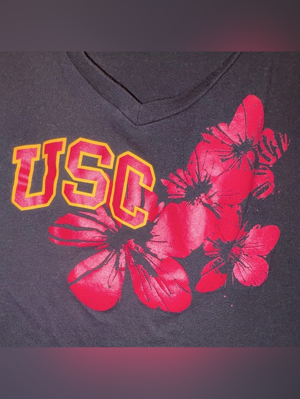 USC Trojans Black V-Neck Shirt Red Floral Graphic, Red & Yellow Details - Picture 3 of 4